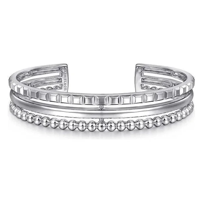 women’s charm bracelets-Gabriel Sterling Silver Bujukan & Pyramid Triple Row Bangle Bracelet