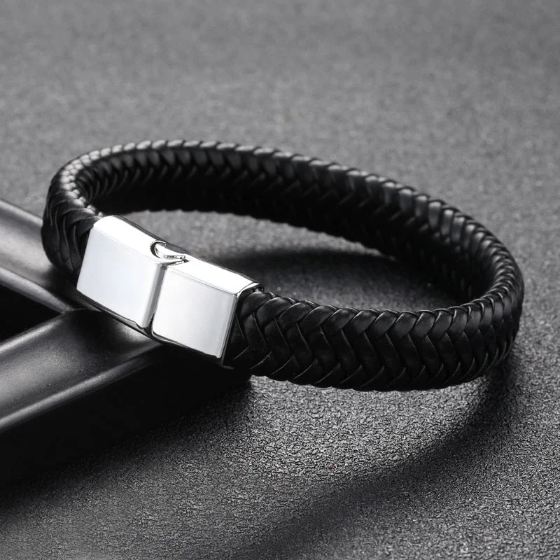 Leather Single Layer Silver Buckle Black Leather Bracelet