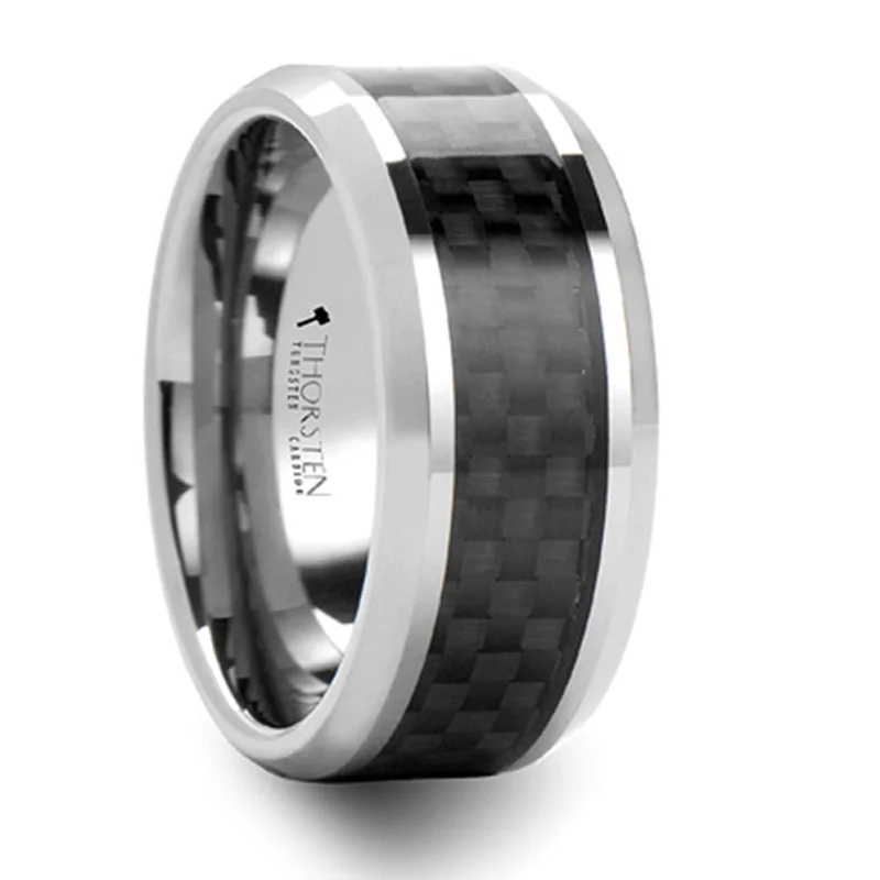 women’s three-stone engagement rings-Thorsten Maximus Tungsten Carbide Wedding Ring w/ Black Carbon Fiber Inlay (4-10mm) W281-BCFT