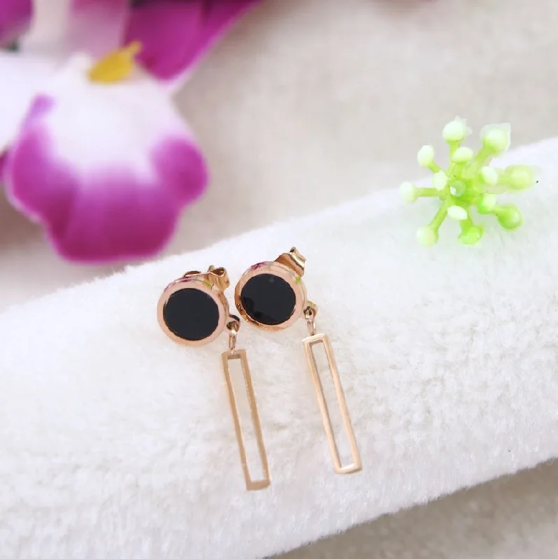 women’s square earrings-Tarohi Jewels Stainless Steel Rosegold Plated Mini Black Disc Rectangle Hollow Bar Drop Earring- STNER 4028