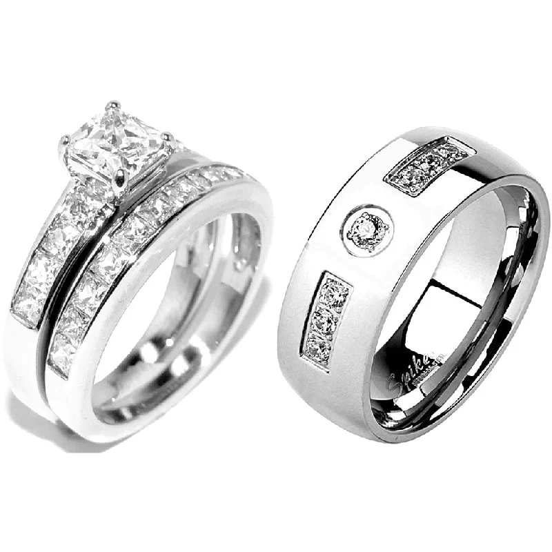 women’s minimalist engagement rings-His Hers 3 Pcs Stainless Steel Princess Cut CZ Wedding Ring set Mens 7 Clear CZ Band