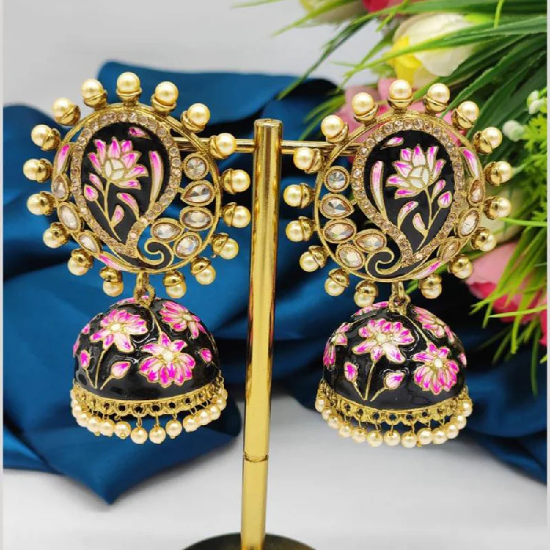 women’s vintage stud earrings-JCM Gold Plated Crystal Stone And Pearls Meenakari Jhumki