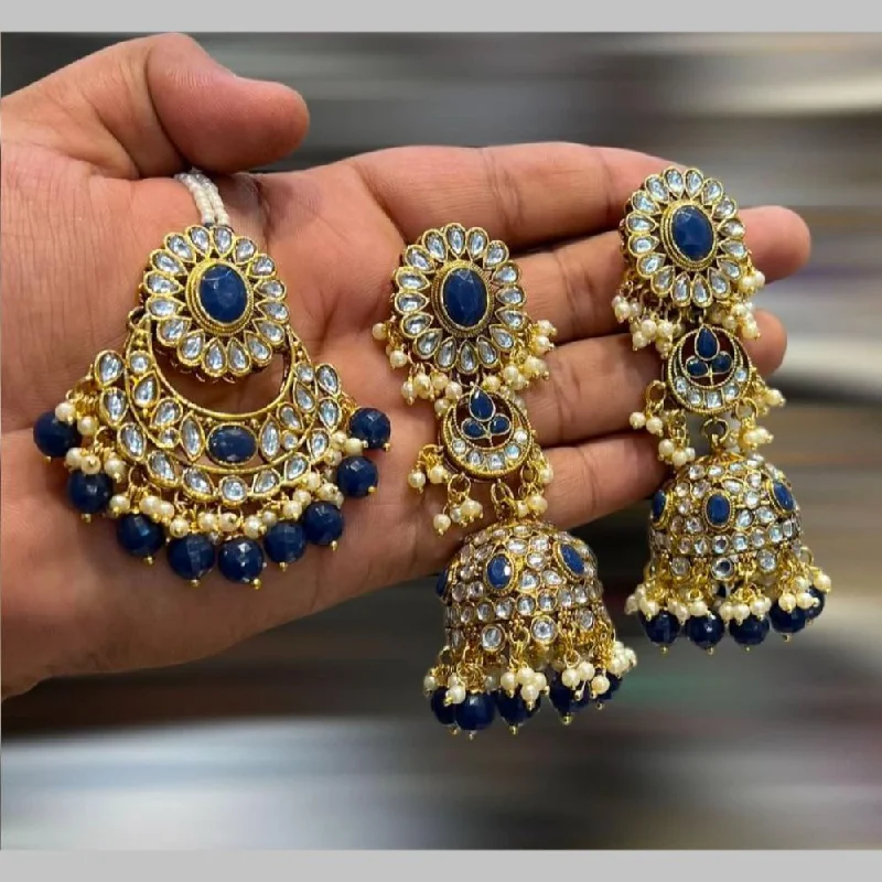 women’s colored gemstone earrings-Hira Collections Gold Plated Kundan Stone And Beads Jhumki With Maangtikka