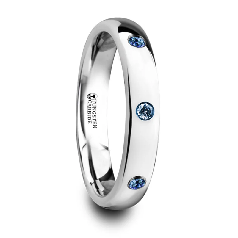 women’s unique engagement rings-Thorsten Halia Polished & Domed Tungsten Carbide Wedding Ring w/ 3 Blue Sapphires Setting (4mm) W4282-DPBS