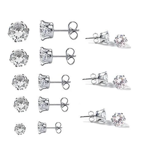 women’s adjustable earrings-Sexy Sparkles 8 Pairs Women's Stainless Steel Round Clear Cubic Zirconia Stud Earring 4mm -11mm