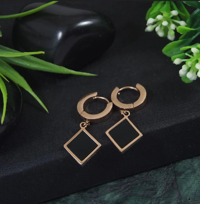 women’s heart earrings-Tarohi JewelsStainless Steel Rosegold Plated Black Square Shaped Hoops Earring-STNER 2880