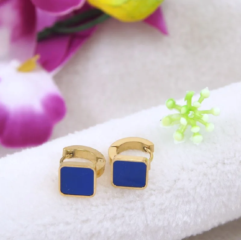 women’s bridal earrings-Tarohi Jewels Stainless Steel Gold Plated Square Shaped Blue Coloured Hoops Earring- STNER 4056