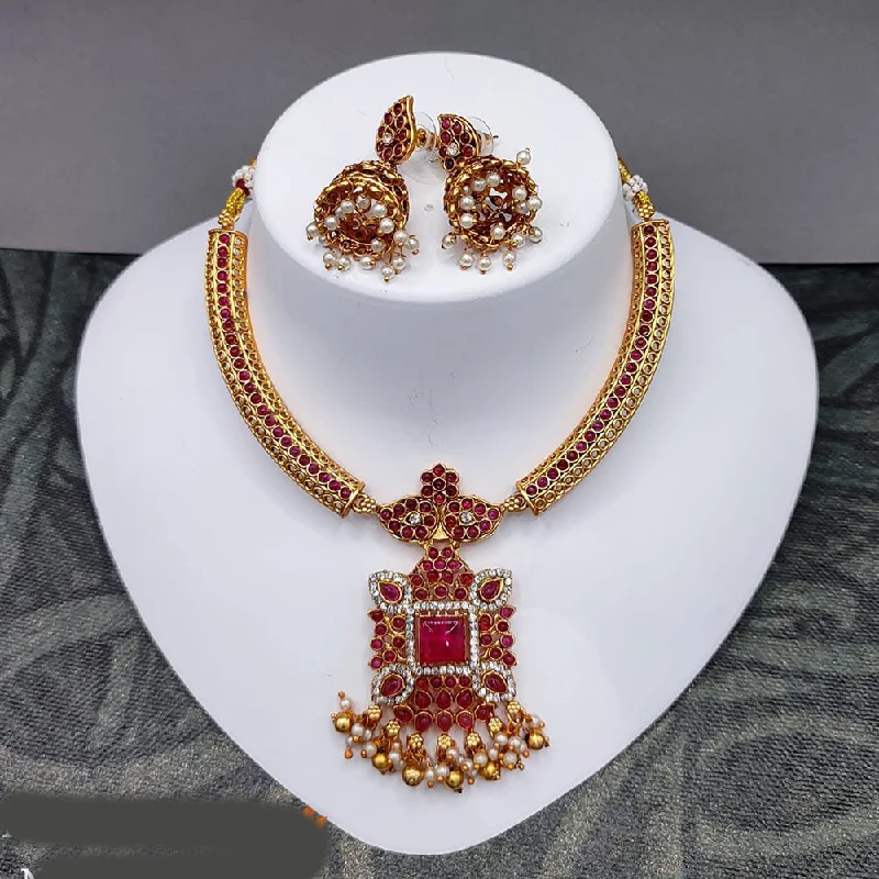 women’s bridal necklaces-Lucentarts Jewellery Gold Plated Pota Stone And Pearl Necklace Set