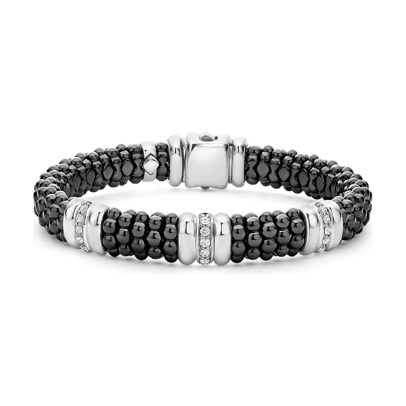 women’s multi-colored bracelets-Lagos Sterling Silver Black Caviar Ceramic 3 Diamond Station Bracelet