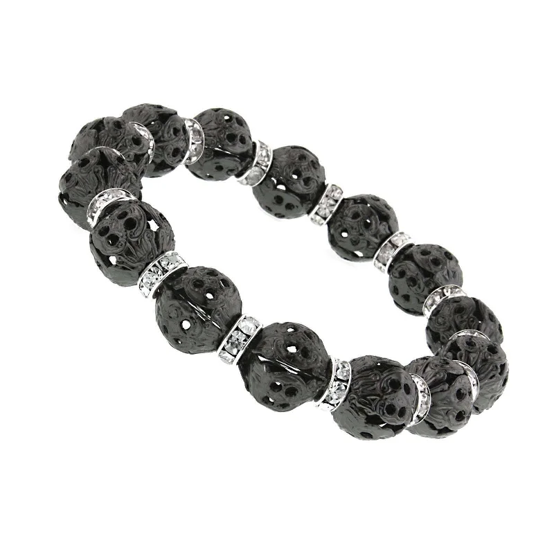 women’s double-layered bangles-2028 Jewelry Crystal Rondelle Black Filigree Bead Stretch Bracelet