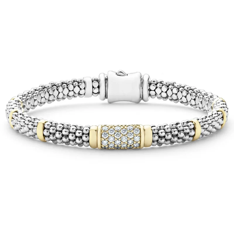 women’s personalized bracelets-Lagos Sterling Silver & 18K Yellow Gold Signature Caviar Diamond 6mm Bracelet