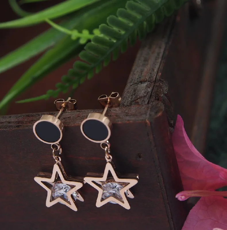 women’s dangle earrings-Tarohi JewelsStainless Steel Rosegold Plated Star Shaped CZ Drop Earring-STNER 2816