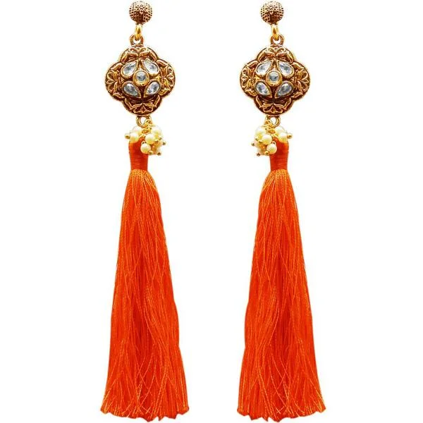 women’s sapphire earrings-Jeweljunk Gold Plated Kundan Pearl Orange Thread Earring - 1311414A