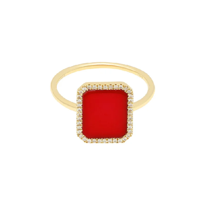 women’s stackable diamond rings-Bague Semi Precious 18K Gold Ring w. Coral & Diamonds