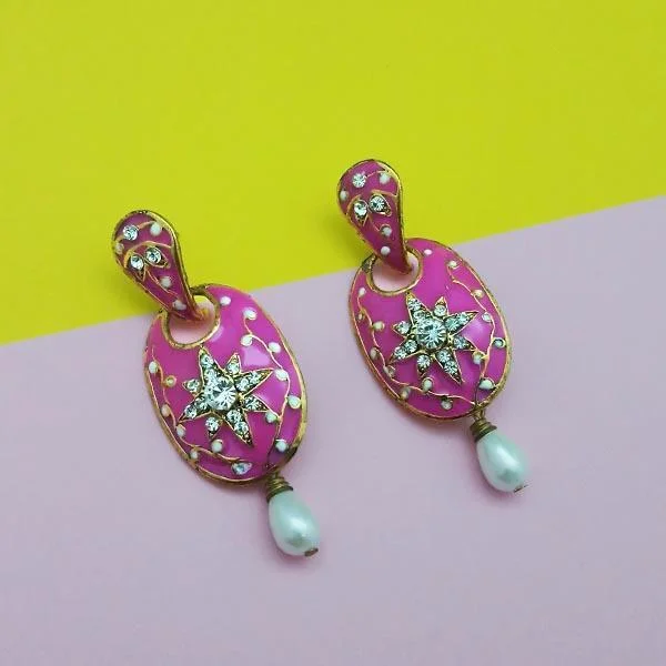 women’s diamond stud earrings-Kriaa Stone Pink Meenakari Drop Gold Plated Dangler Earring