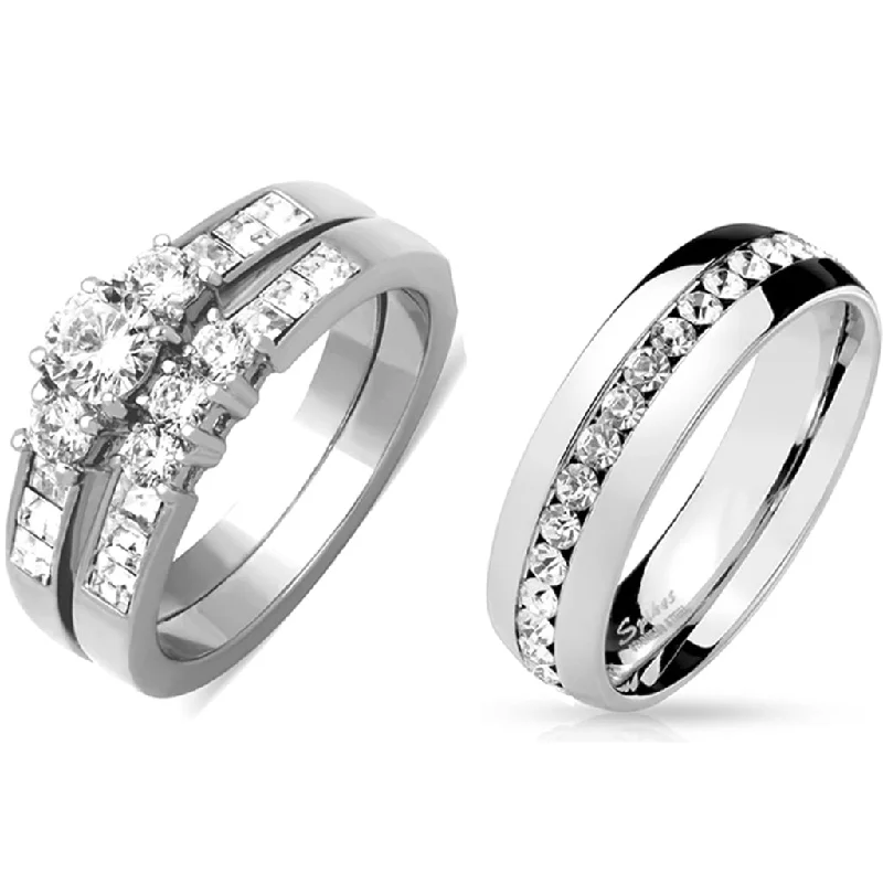 women’s unique engagement rings-His Hers 3 PCS Stainless Steel Round Cut CZ Wedding Ring set Mens Matching All Around CZ Band