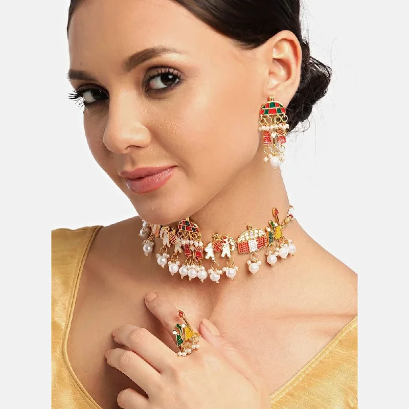 women’s simple necklaces-H K Fashion Gold Plated Meenakari Doli Barat Necklace Set