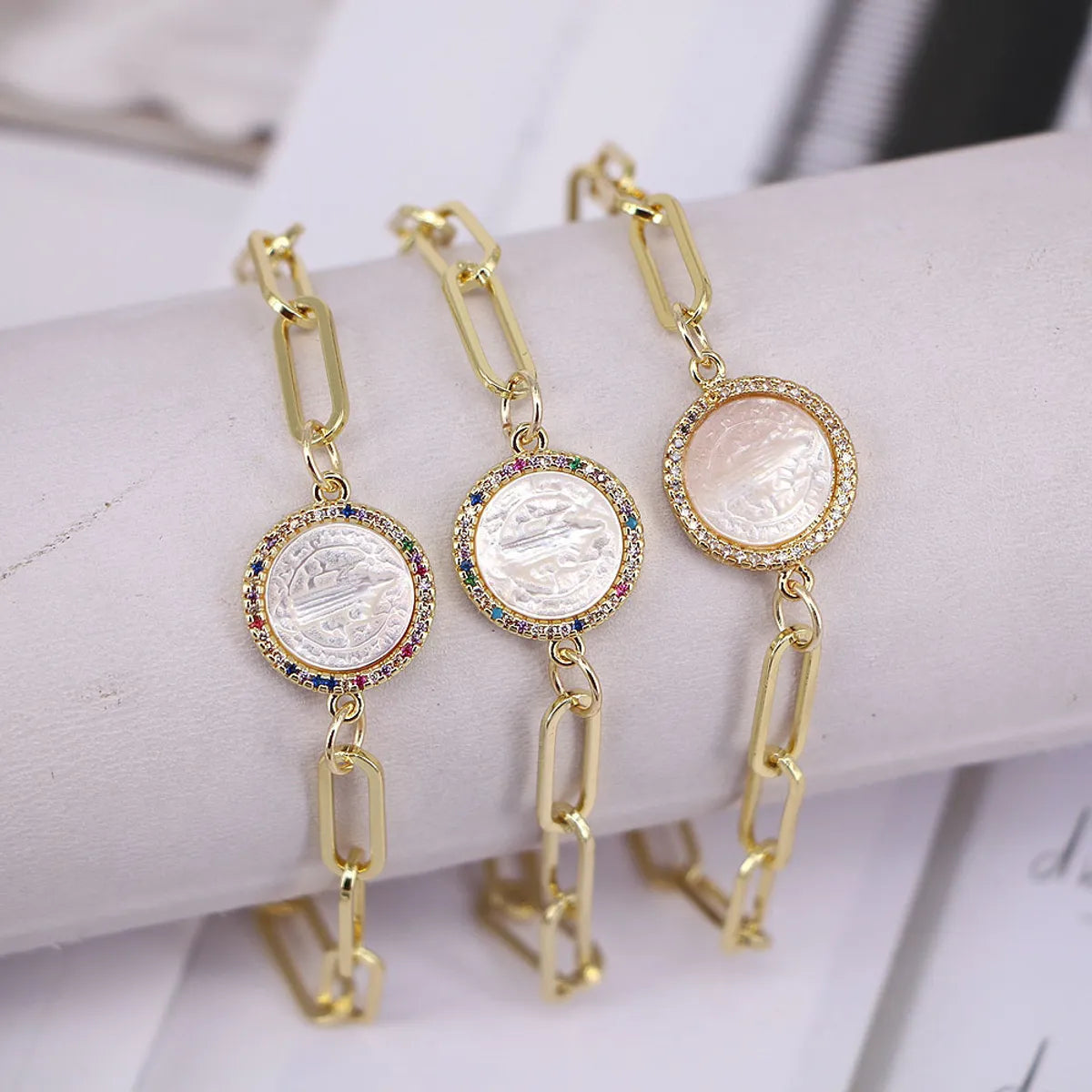 women’s classic gold bracelets-Virgin Mary Mother Of Pearl Shell Inlaid Colored Zircon Round Plate Thick Chain Bracelet