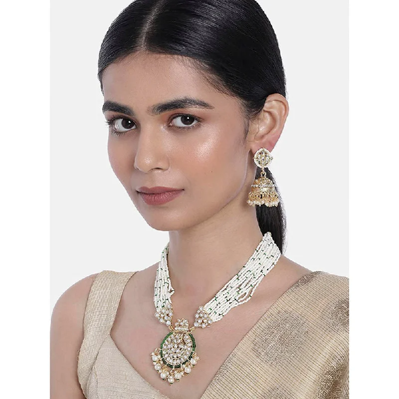 women’s infinity necklaces-Etnico18k Gold Plated Traditional Multistrand Pearl Kundan Studded Necklace Jewellery Set For Women (ML307G)