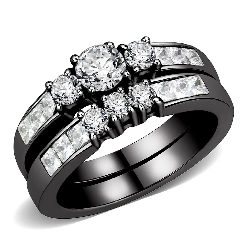 women’s diamond eternity engagement rings-Three-Stone Type Round CZ Black IP Stainless Steel Wedding Ring Set