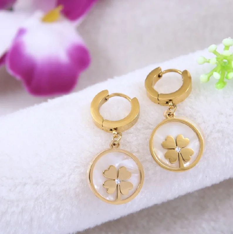 women’s elegant gold earrings-Tarohi Jewels Stainless Steel Gold Plated White Shell Clover Hoops Earring- STNER 4121