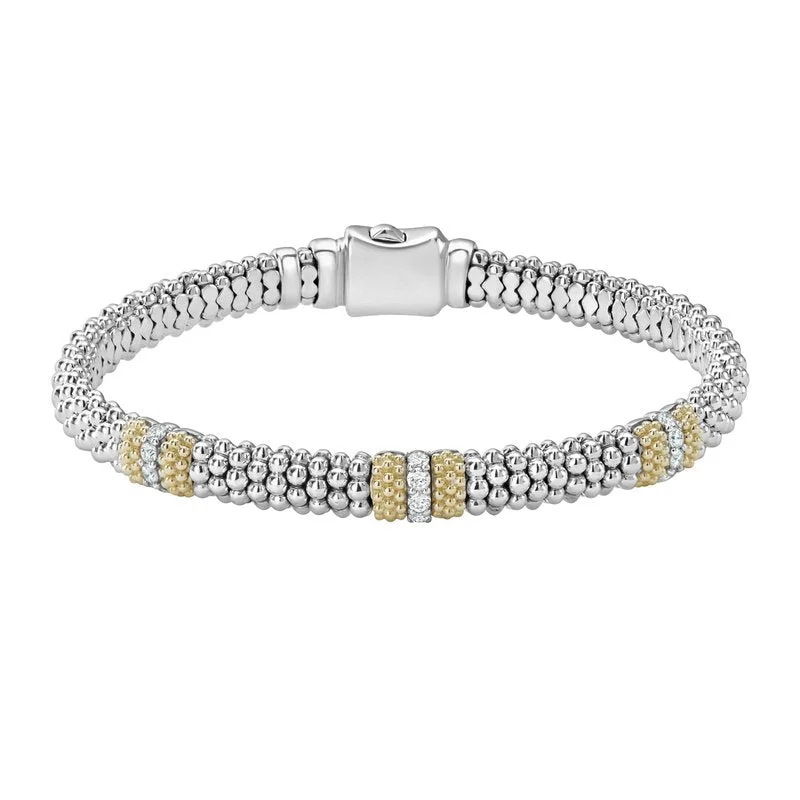 women’s stacking bangles-Lagos Sterling Silver and 18K YG Caviar Lux 3 Diamond Station 6mm Bracelet