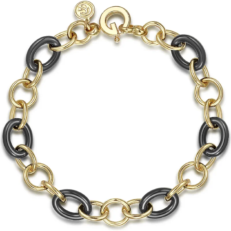 women’s diamond-studded bangles-Gabriel 14K Yellow Gold Hollow Tube Oval Link Bracelet with Black Ceramic