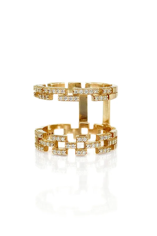 women’s gemstone rings-Open Brick 18K Gold Ring w. Diamonds