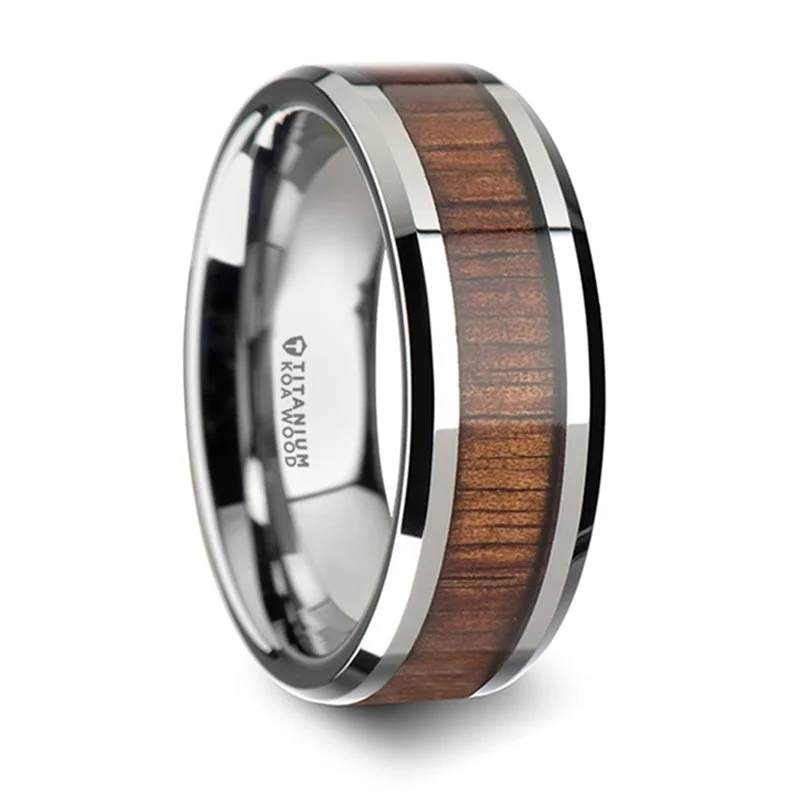 women’s art deco engagement rings-Thorsten Koan Titanium Polished Finish Koa Wood Inlaid Wedding Ring w/ Beveled Edges (8mm) T6002-TBKW