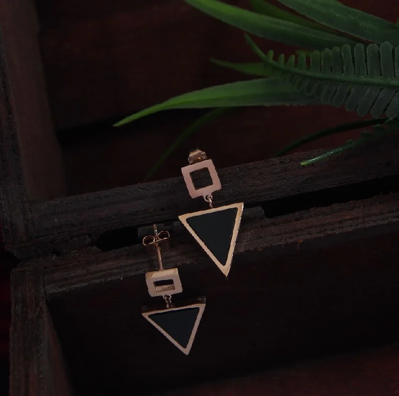 women’s gold-plated earrings-Tarohi Jewels Stainless Steel Rosegold Plated Inlaid Black Triangle Shaped Drop Earring-STNER 2907