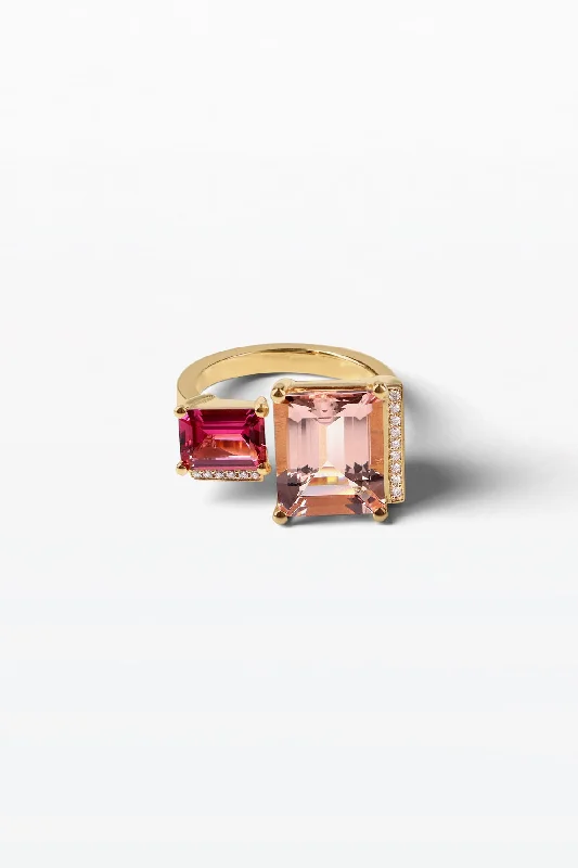 women’s personalized engraving rings-Lustre Ring 14 18K Gold Ring w. Morganite, Tourmalin & Diamond