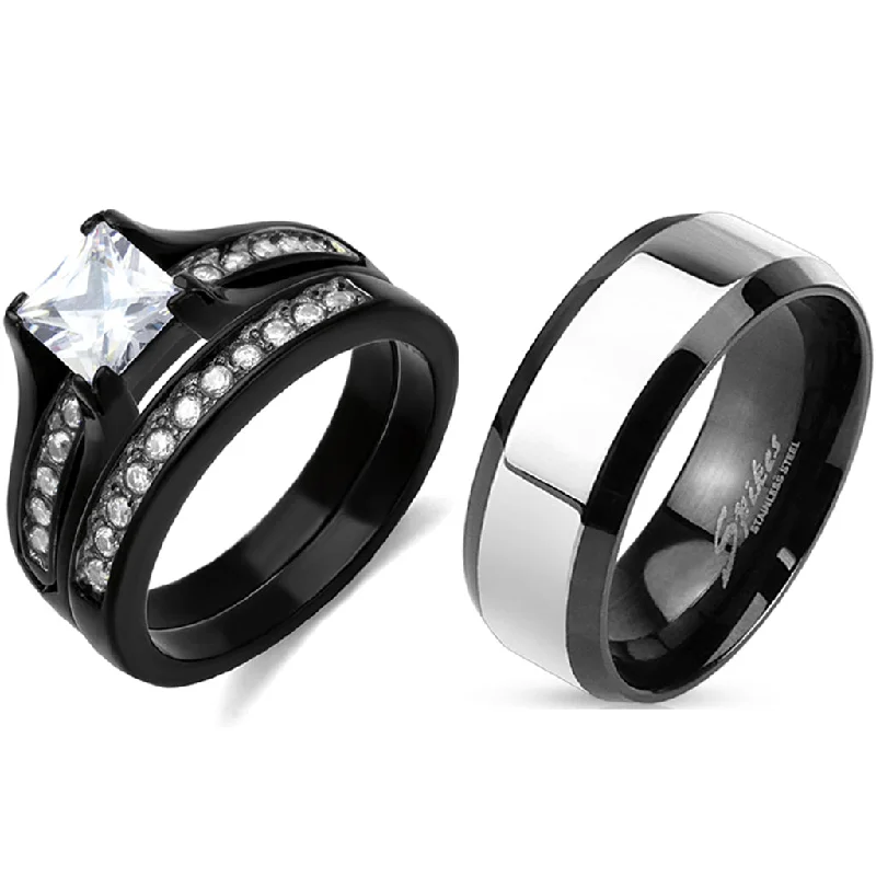 women’s gold engagement rings-Couple Ring Set 1 Carat Princess CZ Black Stainless Steel Wedding Ring Set Mens Two Tone Band