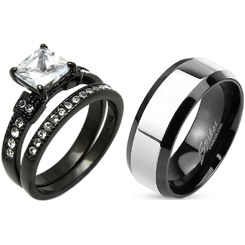 women’s alternative engagement rings-Matching Couple Ring Set Womens Princess Square CZ Black Wedding Ring Set Mens Two Tone Band