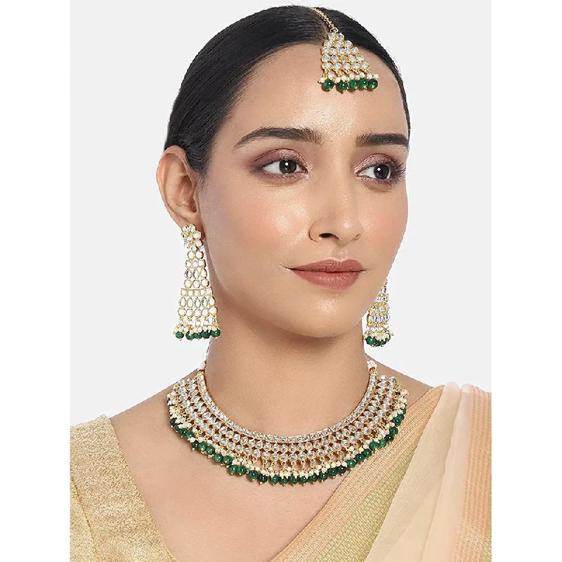 women’s silver statement necklaces-Etnico Traditional Gold Plated Handcrafted Stone Studded & Pearl Necklace Set with Earrings & Maang Tikka for Women (M4111G)