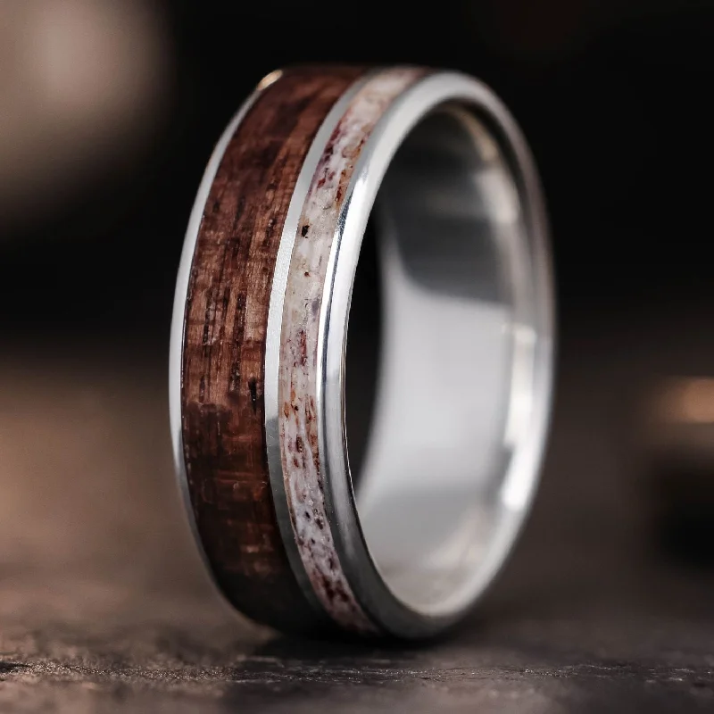 women’s emerald and diamond engagement rings-The High Country | Men's Silver Wedding Ring with Elk Antler & Antique Walnut Wood