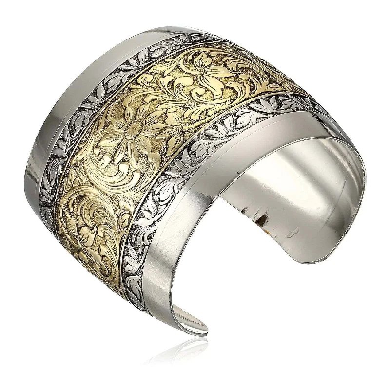 women’s wedding bangles-1928 Jewelry Two Tone Etched Floral Cuff Bracelet