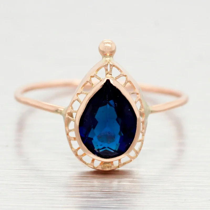 women’s oval rings-Antique Art Deco Blue Stone Cocktail Ring - 14k Yellow Gold Pear Shape - Size 5