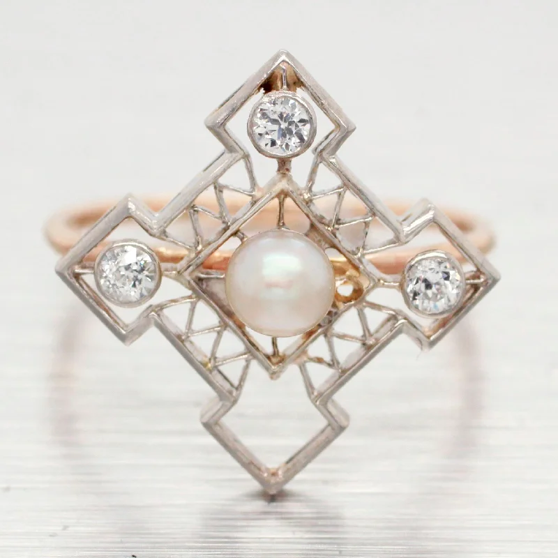 women’s heart rings-Antique Art Deco Pearl & Diamond Cross-Star Cocktail Ring - 14k White Gold