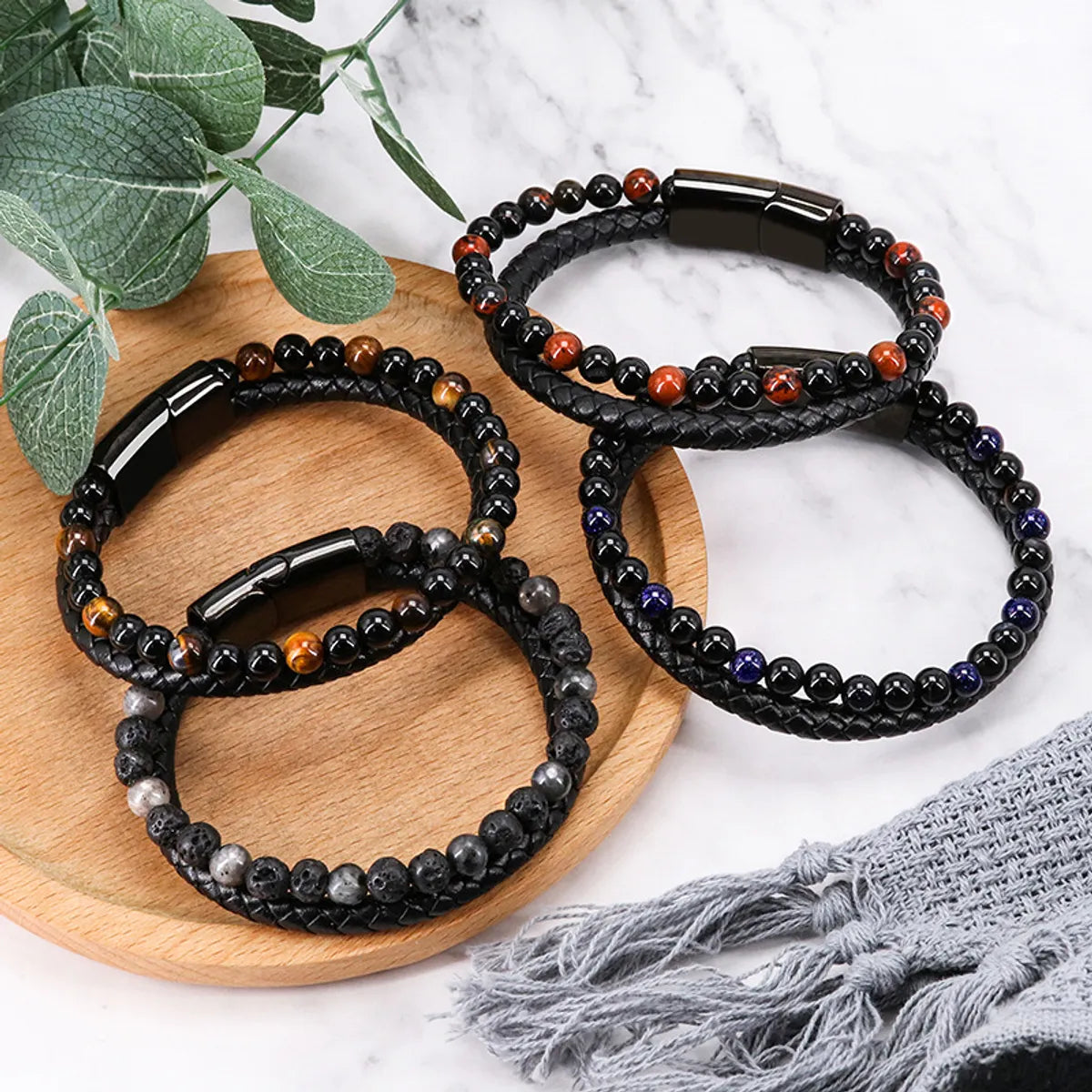 women’s silver bangle bracelets-1 Piece Ethnic Style Twist Alloy Natural Stone Volcanic Rock Men'S Bracelets