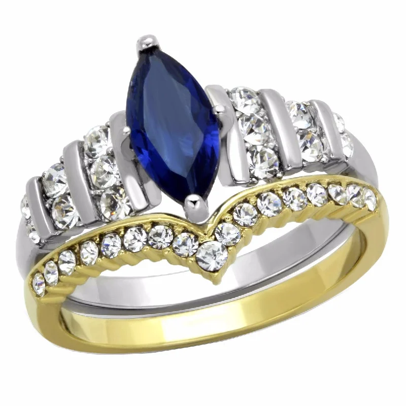 women’s cathedral engagement rings-Womens Marquise Cut Sapphire CZ Two Tone Gold Stainless Steel Wedding Ring Set