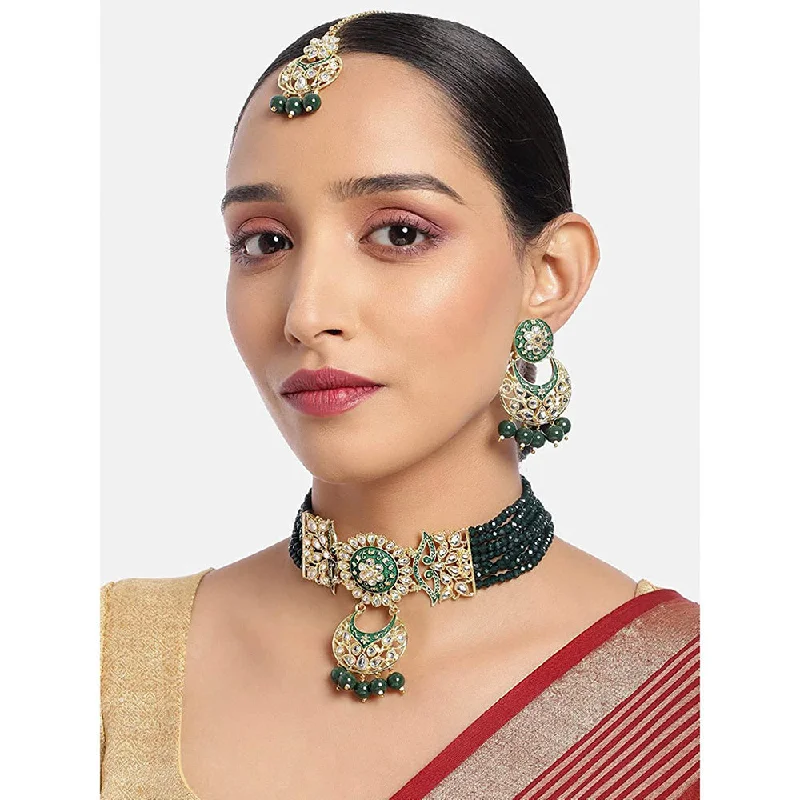 women’s gemstone choker necklaces-Etnico 18K Gold Plated Traditional Kundan Studded Pearl Choker Necklace Jewellery Set For Women (ML291G)