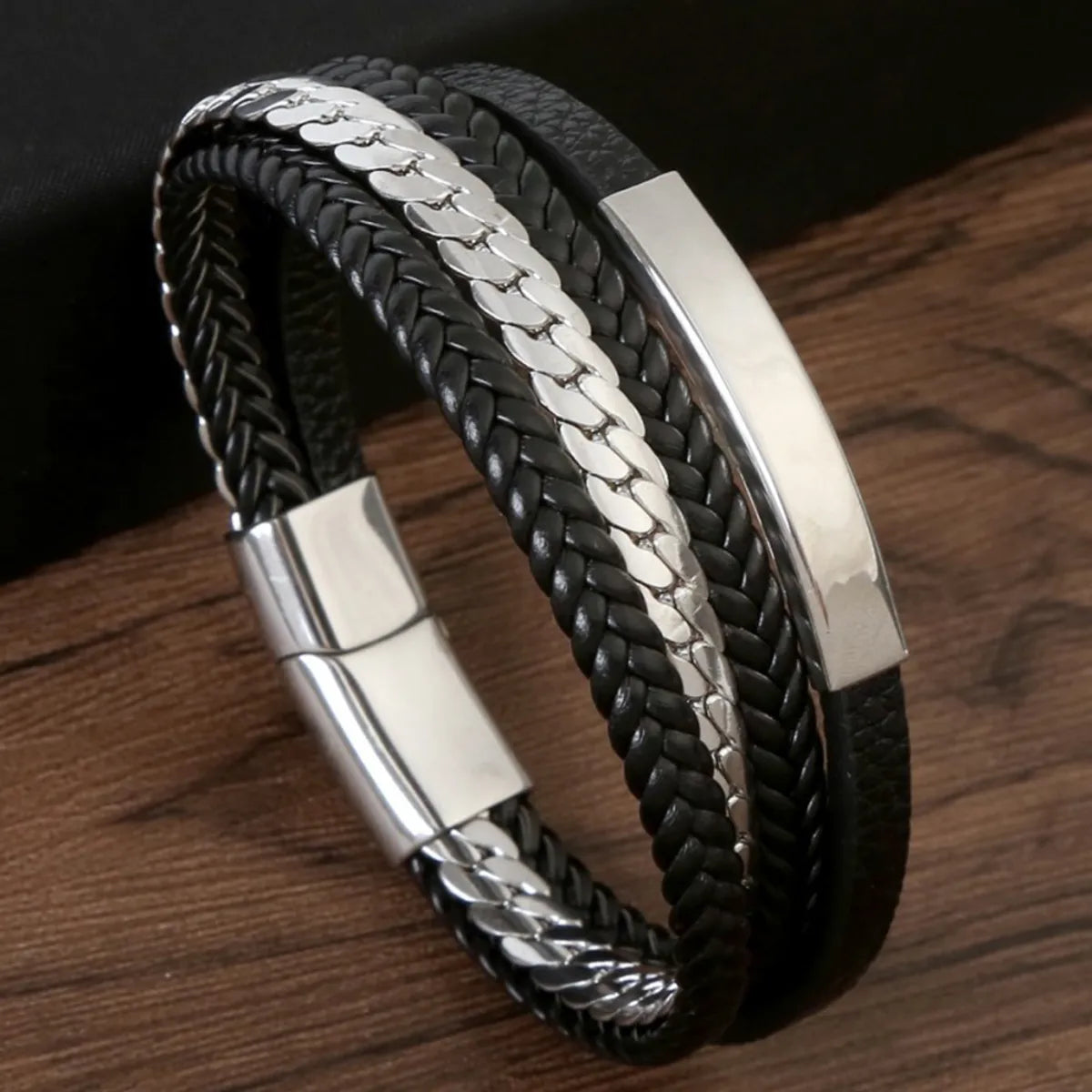 women’s personalized bangles-Hip-Hop Rock Simple Style Solid Color Stainless Steel Pu Leather Men'S Bangle