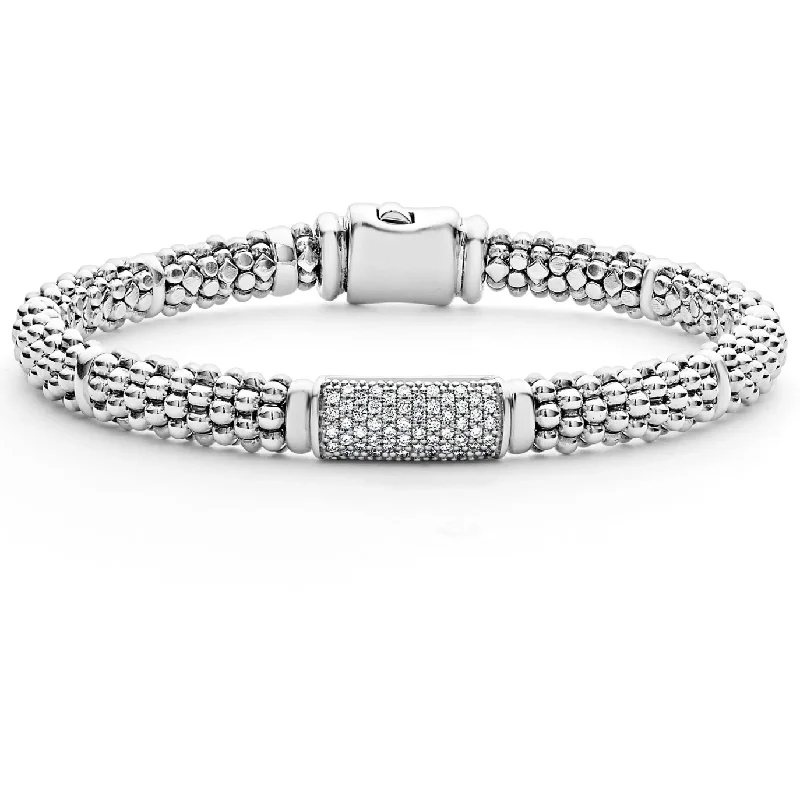 women’s personalized bangles-Lagos Sterling Silver  Signature Caviar Diamond 6mm Bracelet