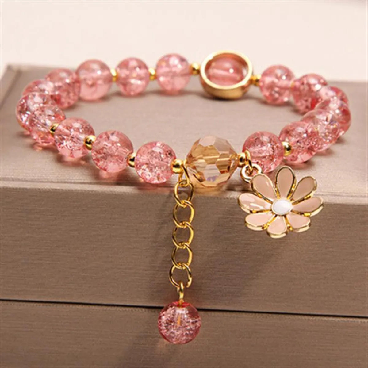 Milky White Metal Chain Flowers Strawberry Quartz