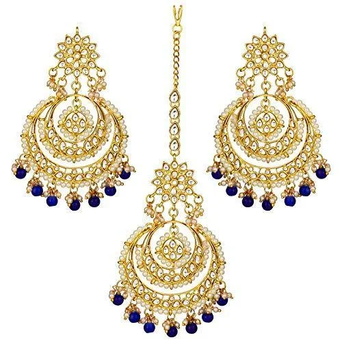 women’s gemstone dangling earrings-Etnico Traditional Gold Plated Wedding Chandbali Kundan & Pearl Earring Set With Maang Tikka for Women (TE7077BL)