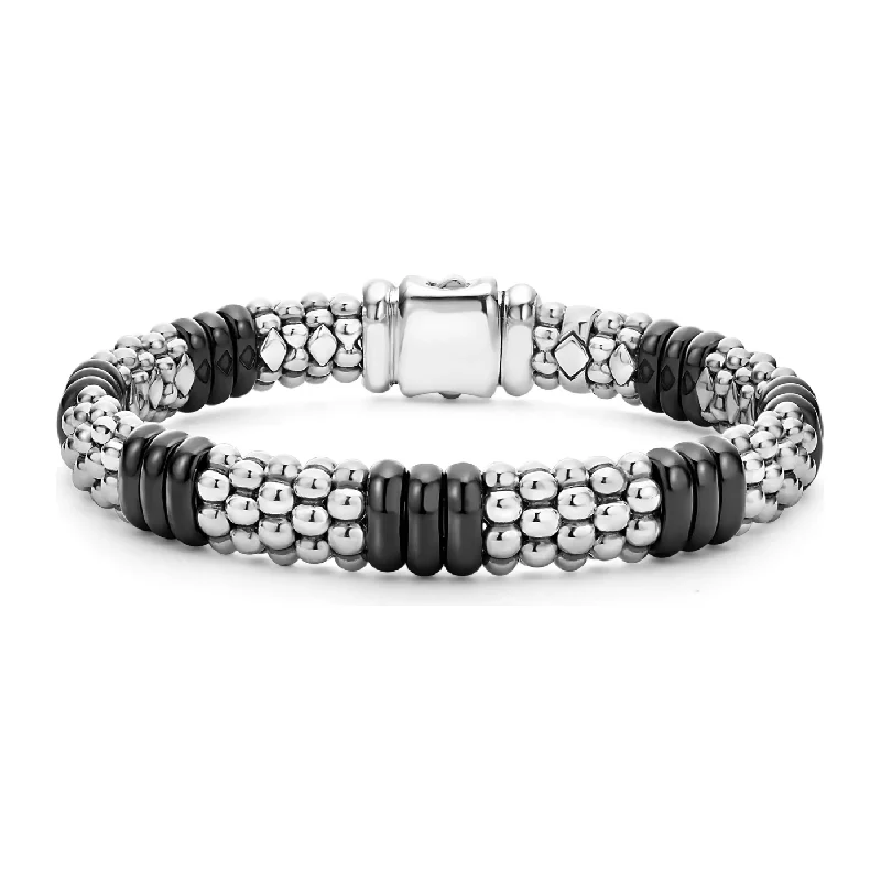 women’s wedding bangles-Lagos Sterling Silver Black Caviar Ceramic Station Bracelet