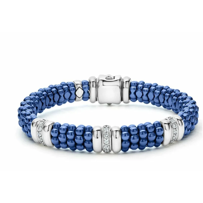 women’s silver charm bracelets-Lagos Sterling Silver Ultramarine Caviar Ceramic 3 Diamond Station Bracelet