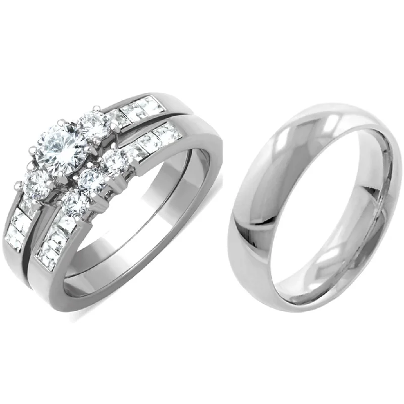 women’s art deco engagement rings-His Hers 3 PCS Silver Stainless Steel Small Round Cut CZ Wedding Ring set and Mens Band