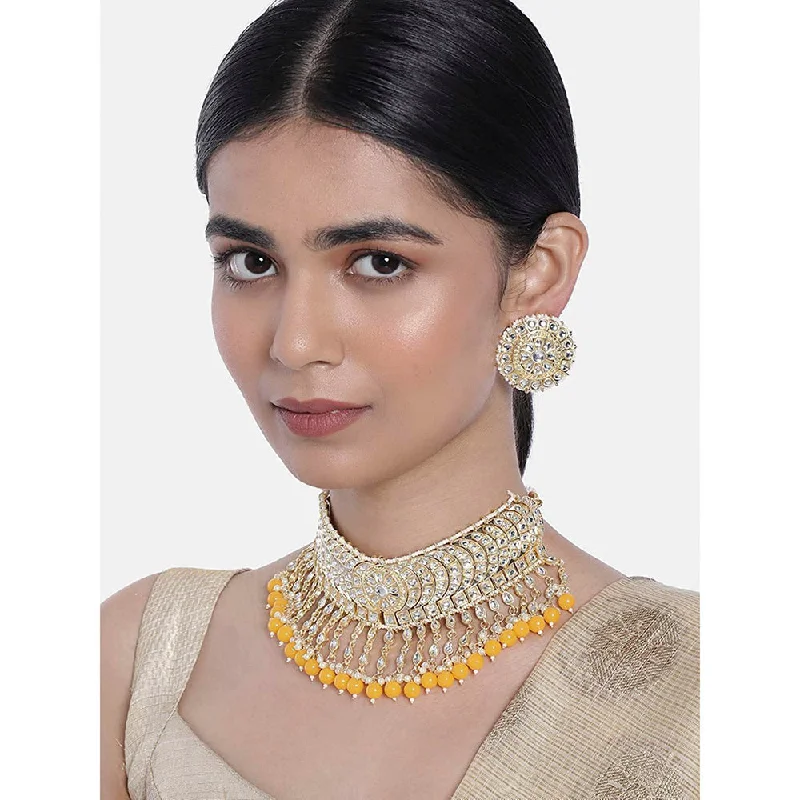 women’s vintage gemstone necklaces-Etnico 18K Gold Plated Traditional Kundan & Pearl Studded Choker Necklace Set For Women/Girls (K7210Y)