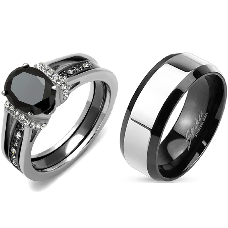 women’s engagement rings-Matching Couple Ring Set Womens Black Oval CZ Black Wedding Ring Set Mens Two Tone Band